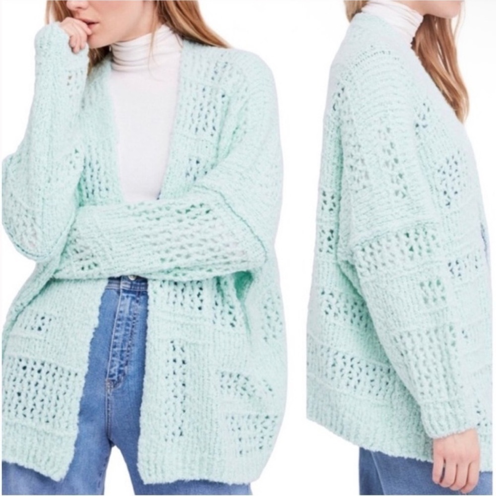 Free People Saturday Morning Mint Chunky Knit Cardigan Sweater